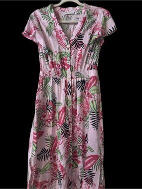 Rafaella Floral Button-Front Pink Tropical Midi Dress